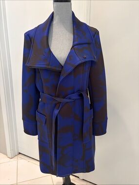 Samuel Dong Blue and Deep Green/Brown Patterned Belted Trench Coat